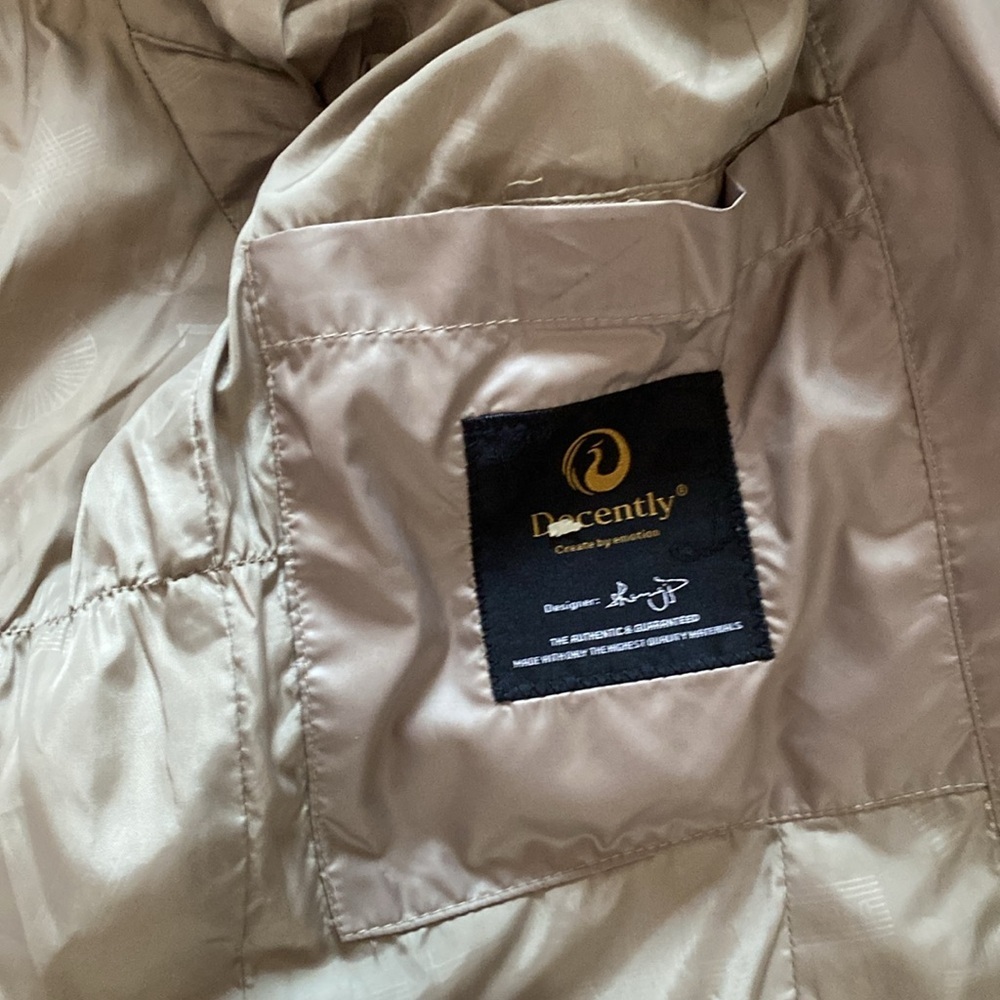 DECENTLY, DUCK DOWN WARM fitted Hooded midi length tan Puffer Coat SIZE MEDIUM - Picture 16 of 17